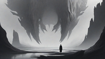 As the void's abyssal silence envelops them, a figure stands at the edge, their footsteps echoing through the void, guided by an unseen power that pushes them towards an otherworldly realm, where eternal rebirth awaits.