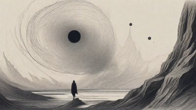 In a swirling void, a lone figure stands on the abyssal precipice, illuminated by the dying star, as they embark on a perilous journey through eternal darkness towards an unknown and mysterious destination.
