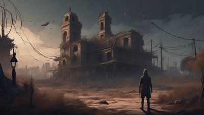 A barren, post-apocalyptic landscape with skeletal ruins, overgrown gardens, and a lone figure standing amidst the desolation, surrounded by flickering lanterns and a distant hint of a broken clock tower.