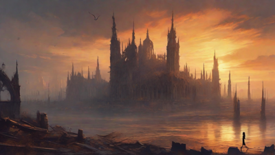 A hauntingly beautiful, ruined cityscape, with crumbling spires and grand architecture, set against a backdrop of a perpetual, golden sunset, with a lone figure dancing amidst the ruins.