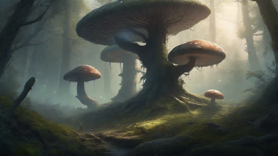 A bleak, mystical forest, where ancient trees loom over a clearing, surrounded by a ring of mushrooms, and a faint glow emanates from a lone, glowing artifact, pulsing with an otherworldly energy.