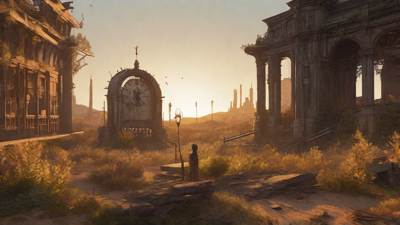 Barren wasteland, skeletal ruins, overgrown gardens, lone figure, flickering lanterns, and a broken clock tower in the distance, set against a perpetual golden sunset.