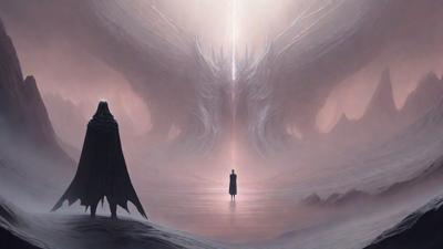 As the void's abyssal silence envelops them, a figure stands at the edge, their footsteps echoing through the void, guided by an unseen power that pushes them towards an otherworldly realm, where eternal rebirth awaits.