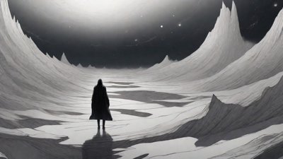 In a swirling void, a lone figure stands on the abyssal precipice, illuminated by the dying star, as they embark on a perilous journey through eternal darkness towards an unknown and mysterious destination.
