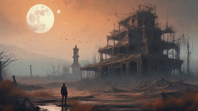 A barren, post-apocalyptic landscape with skeletal ruins, overgrown gardens, and a lone figure standing amidst the desolation, surrounded by flickering lanterns and a distant hint of a broken clock tower.