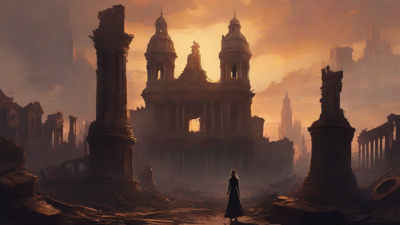 A hauntingly beautiful, ruined cityscape, with crumbling spires and grand architecture, set against a backdrop of a perpetual, golden sunset, with a lone figure dancing amidst the ruins.