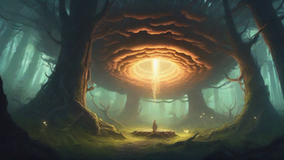 A bleak, mystical forest, where ancient trees loom over a clearing, surrounded by a ring of mushrooms, and a faint glow emanates from a lone, glowing artifact, pulsing with an otherworldly energy.
