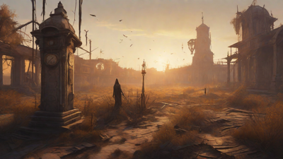 Barren wasteland, skeletal ruins, overgrown gardens, lone figure, flickering lanterns, and a broken clock tower in the distance, set against a perpetual golden sunset.
