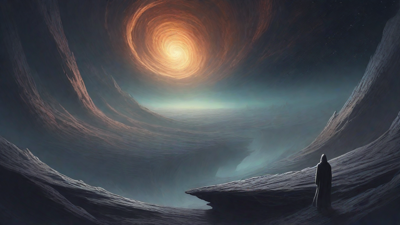 In the depths of a swirling void, a lone figure stands at the precipice, illuminated only by the faint glow of a dying star, as they embark on a perilous journey through the abyss towards an unknown destination.
